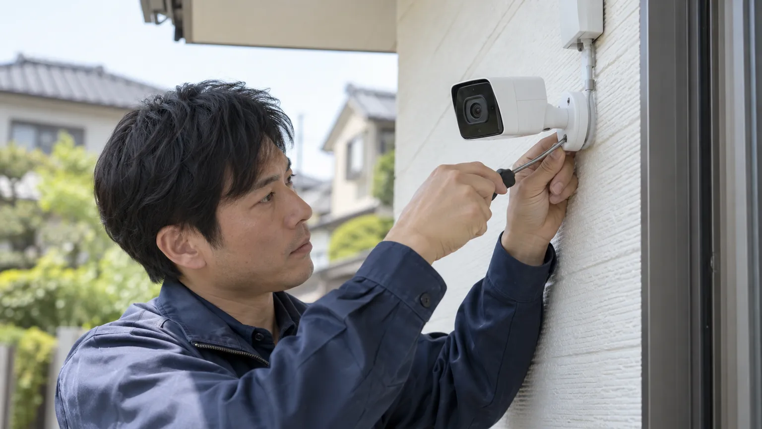 住宅の外壁でカメラの取り付け位置を確認する技術者のイメージ