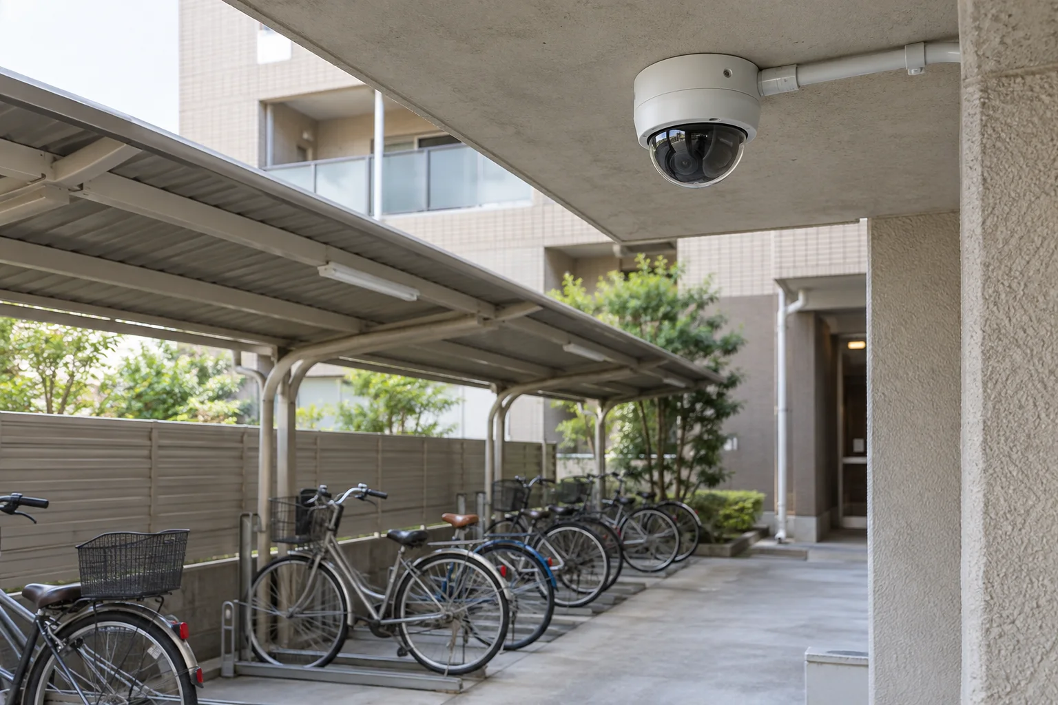 屋根付き駐輪場の天井に設置したドーム型防犯カメラの施工イメージ
