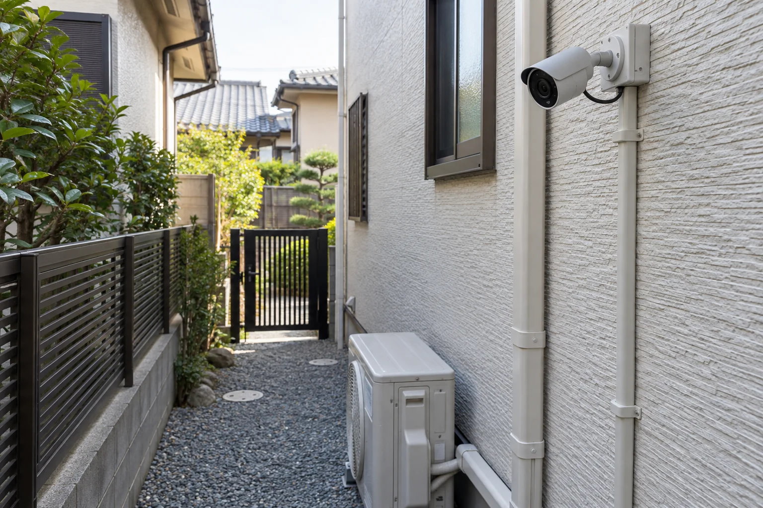 住宅の側面通路に防犯カメラを配置した施工イメージ