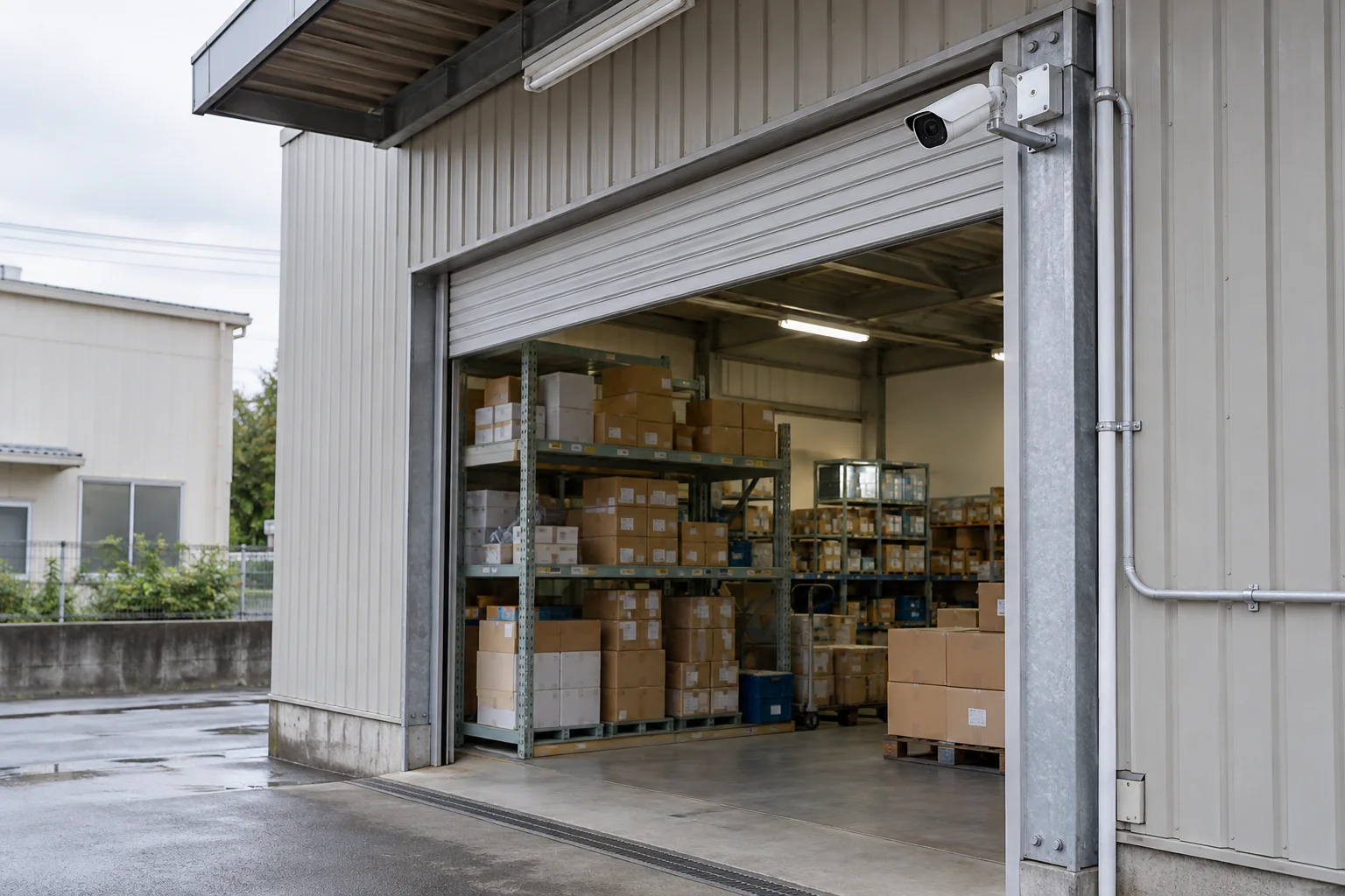 荷物が並ぶ倉庫の出入口に取り付けた白い防犯カメラの施工イメージ
