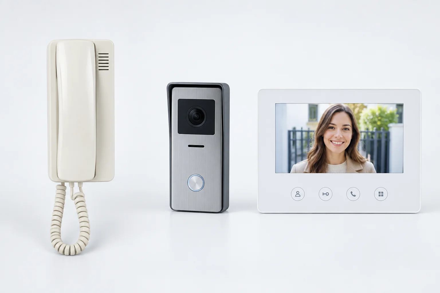 古い音声インターホンとモニター付き機器の比較イメージ