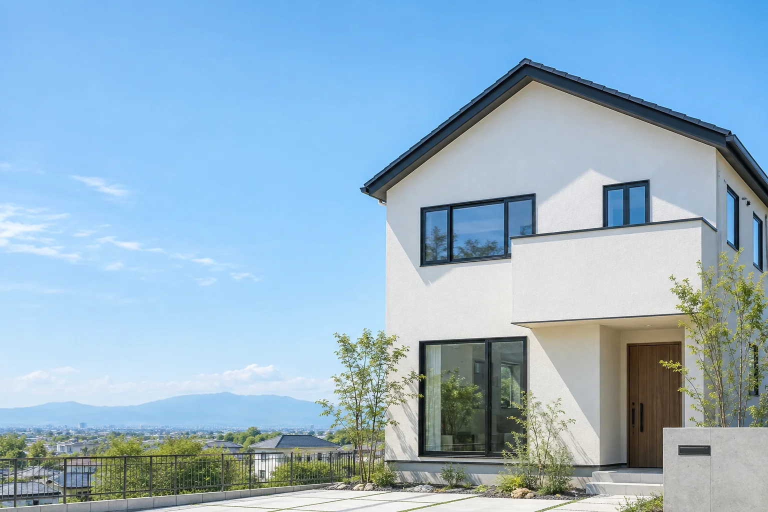青空の下の白い戸建住宅